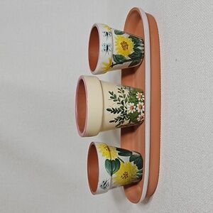 Vintage 1990s Hand Painted Floral Small Clay Pots Planters on a Tray